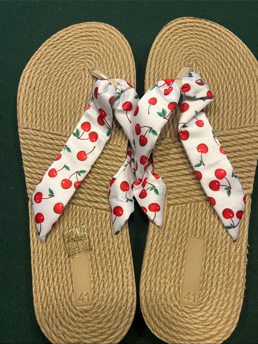 H&M Tan Woven Footbed Sandals with White Cherry-Print Fabric Straps